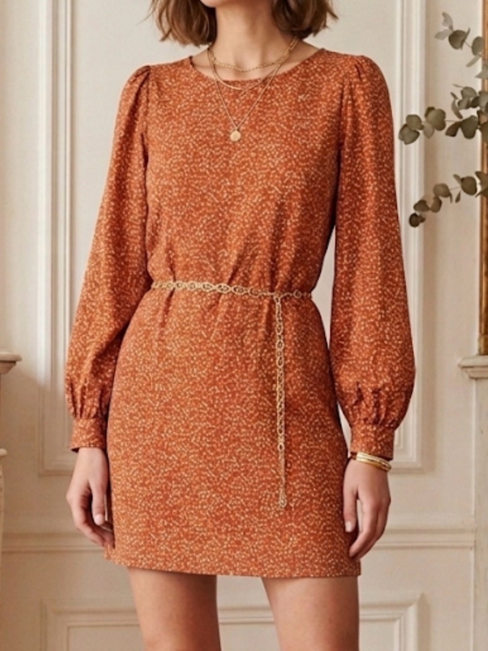 Everly Rust Orange Paisley Print Long‎ Sleeve Shift Mini Dress D4712 Small